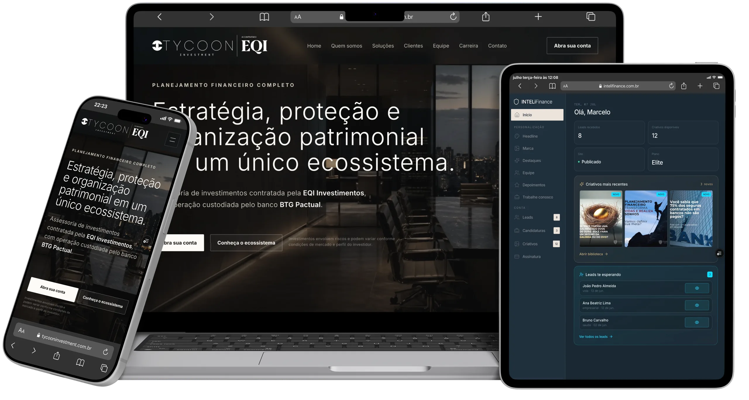 Plataforma INTELi Finance em laptop e celular